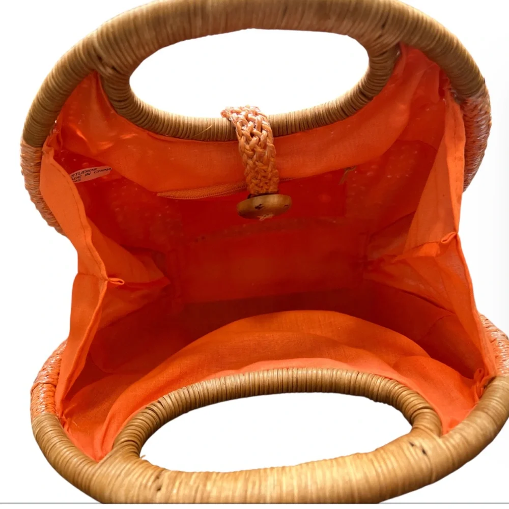 Woven Basket Handbag‎ Round Tote Orange Brown Handle